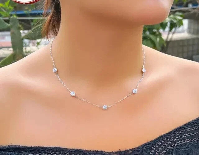 3Ct Round Lab Created Diamond Women’s Station Necklace 14K White Gold Plated 18″