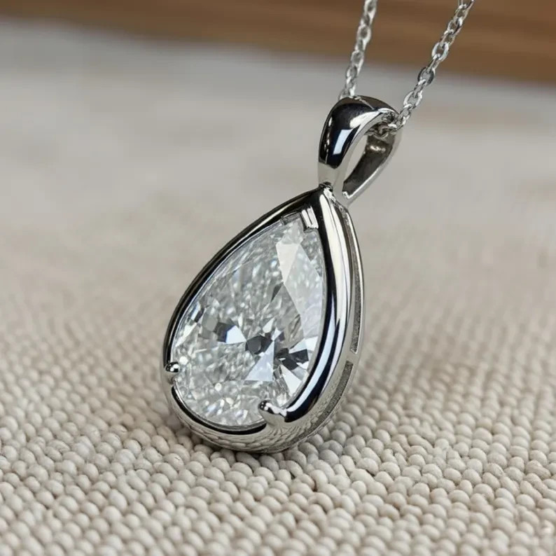 3.00 Ct Certified Pear Cut Solitaire Pendant, Silver Teardrop, Gift for Friend
