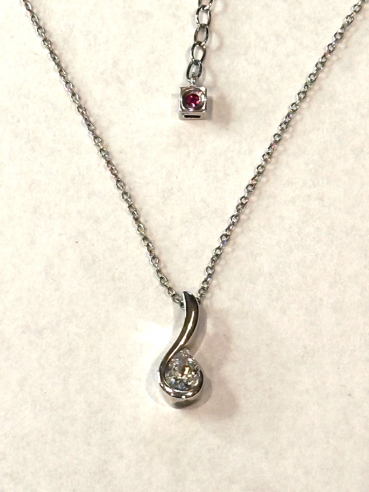 ELLE STERLING SILVER .925 CRYSTAL PENDANT RUBY LOGO GEMSTONE 16-18″ NECKLACE LN