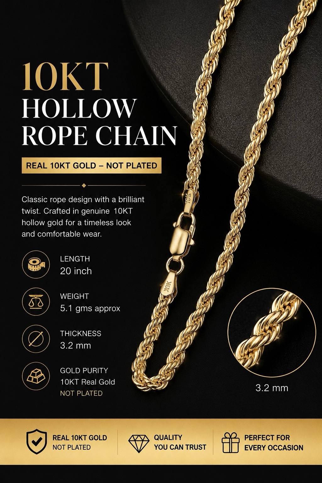 10kt Hollow Gold Rope Chain