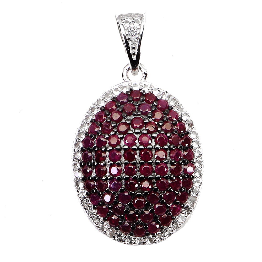 925 Sterling Silver Pendant Ruby Myanmar Round Diamond Cut White Topaz Gemstone