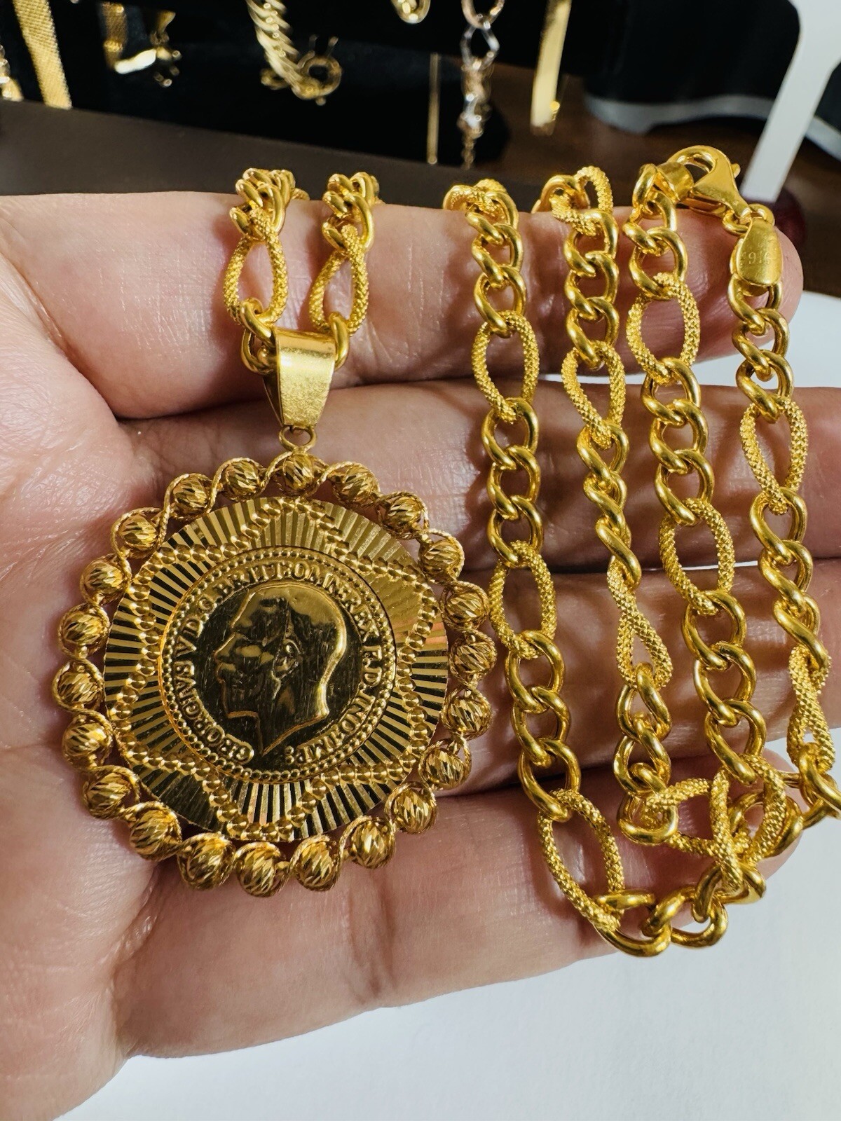 NEW 22K 916 Fine Yellow Dubai Real Gold 18” Long Coin Set Necklace 5.5mm 18.3g