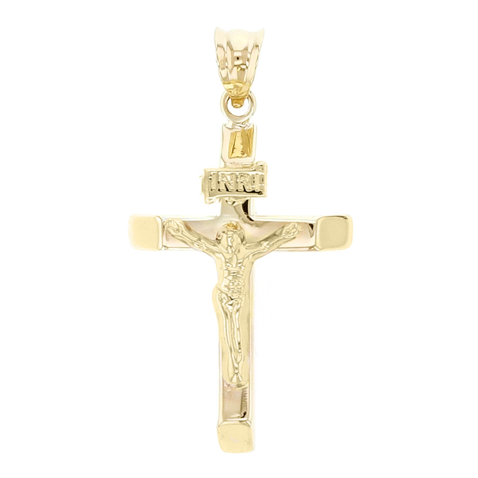 Italian 14k Yellow Gold Hollow INRI Crucifix Cross Charm Pendant 1.2″ 1 gram