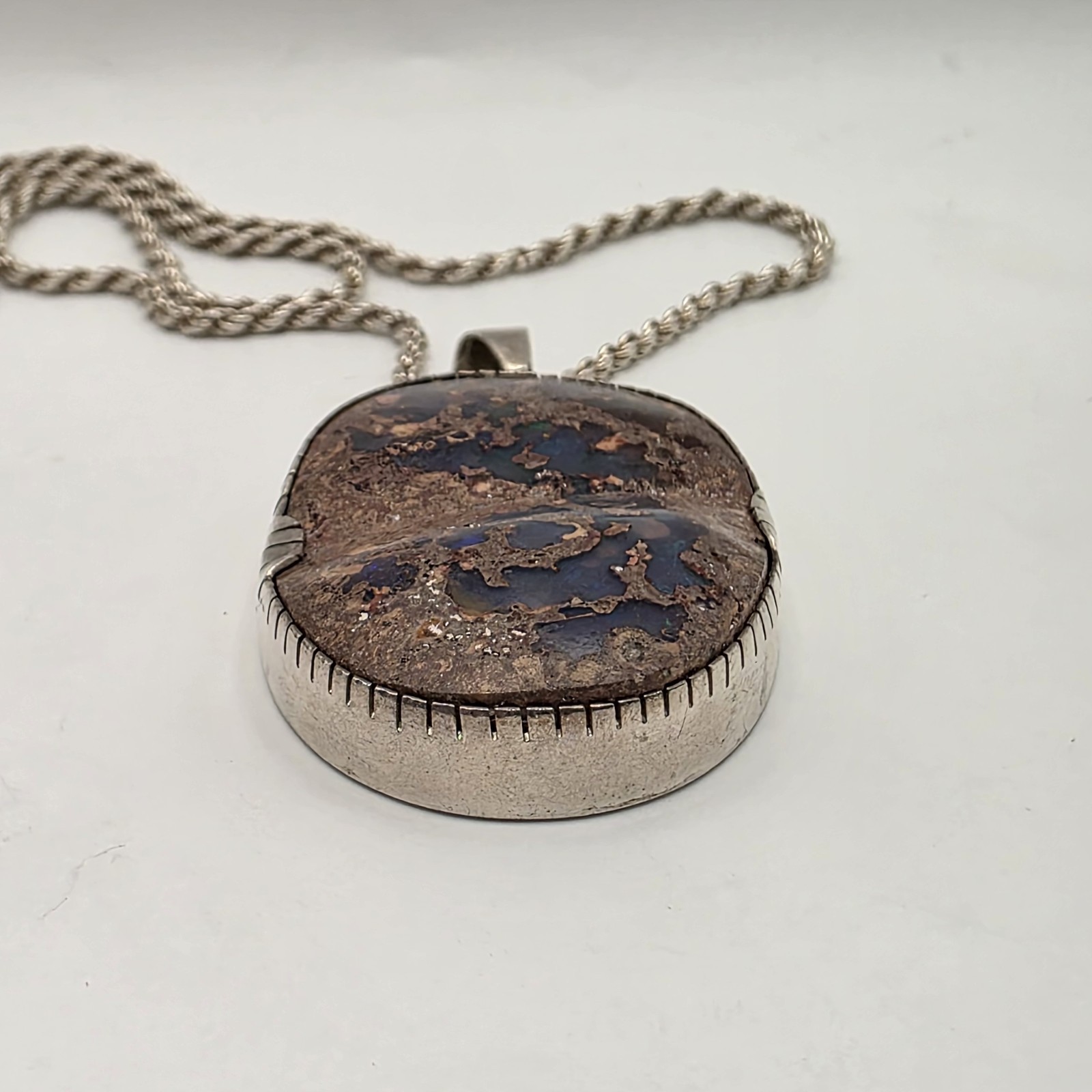 Vtg Natural Australian Boulder Opal Sterling Silver Pendant Necklace 30″ 42.5g