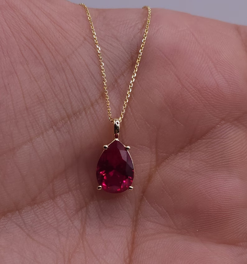 3Ct Created Red Ruby Pear Shape Pendant 14K Yellow Gold Plated W/F Chain 18”