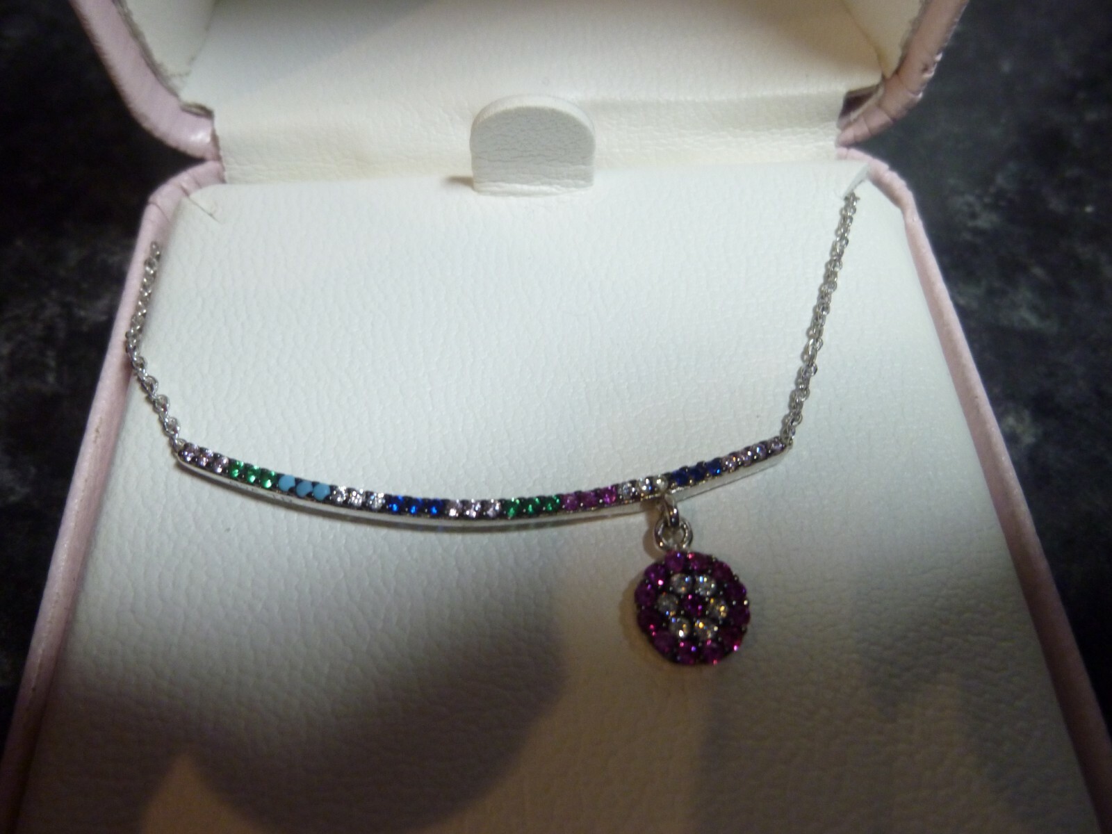 SILVER 925 CHAIN AND MULTICOLOURED BAR AND PENDANT (ADULT CHAIN) BOXED