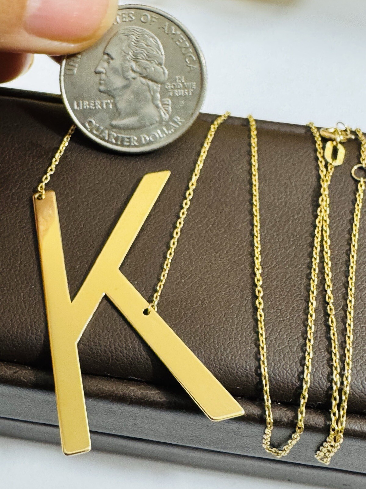 18K 750 18C Gold Letter K initial Necklace 16.5/17.5” Long 1mm 4.1g