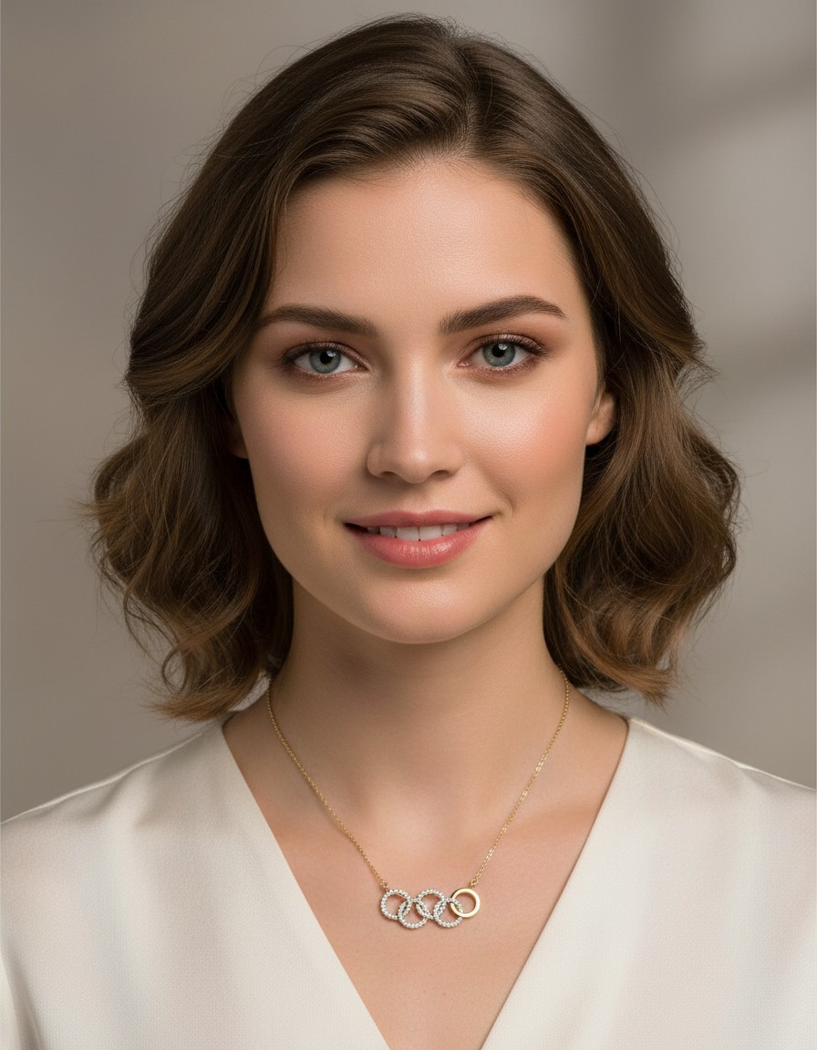 Interlocking Five Rings Necklace Gold Tone Pave CZ Crystal Olympic Style Pendant