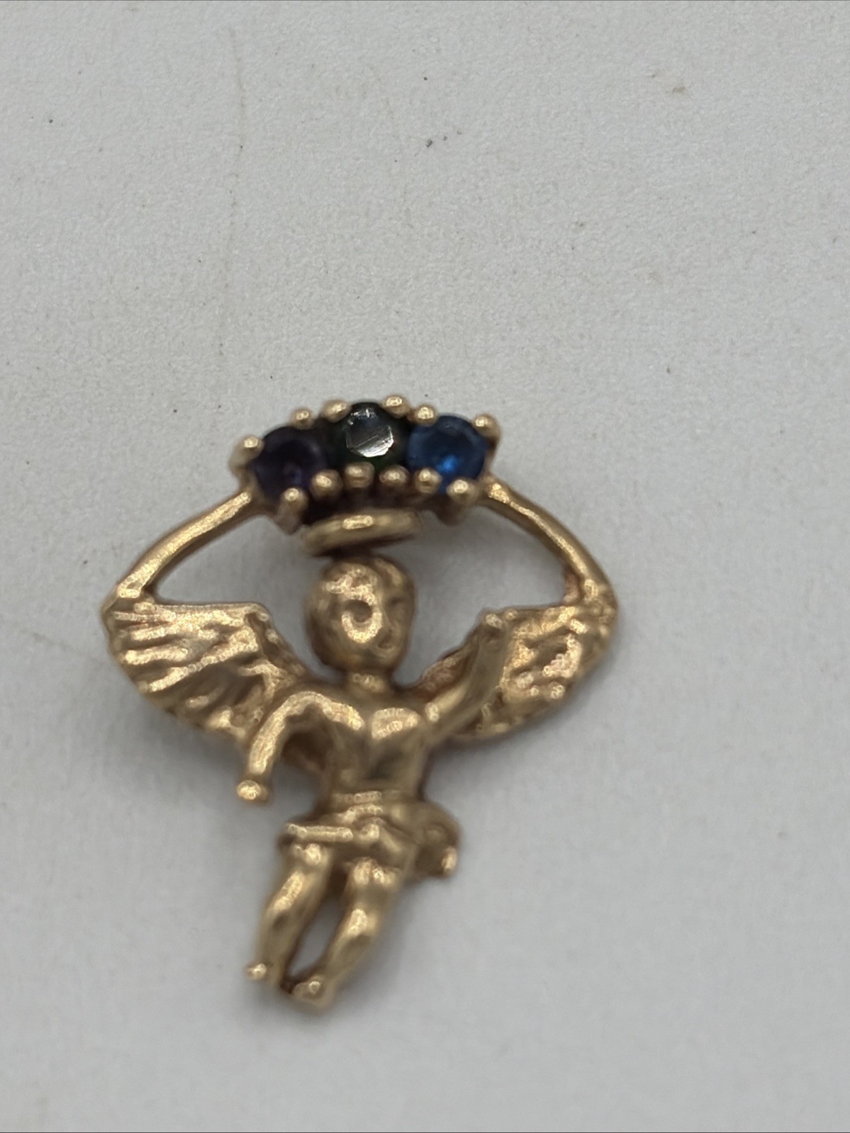 10k Yellow Gold Little Angel Charm Pendant Purple Green Blue Stones 1.8 grams