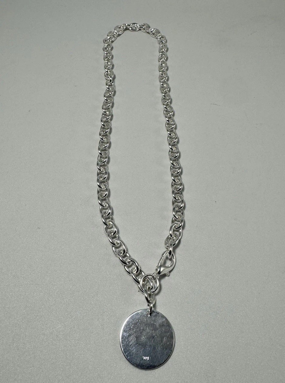 Sterling Silver Double Rolo Chain Necklace 18” Heavy 50.1g Disc Pendant 925