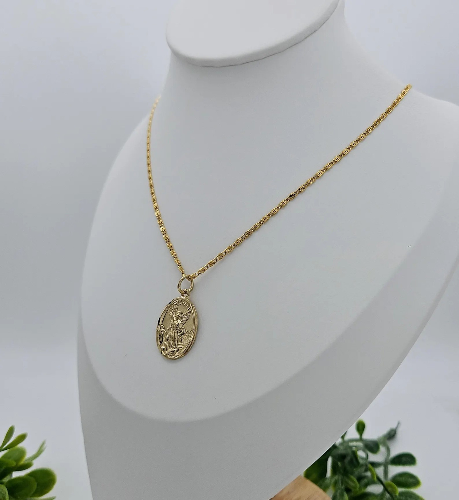 Gold Oval Saint Michael Pendant, 14k Heavy Plated Necklace