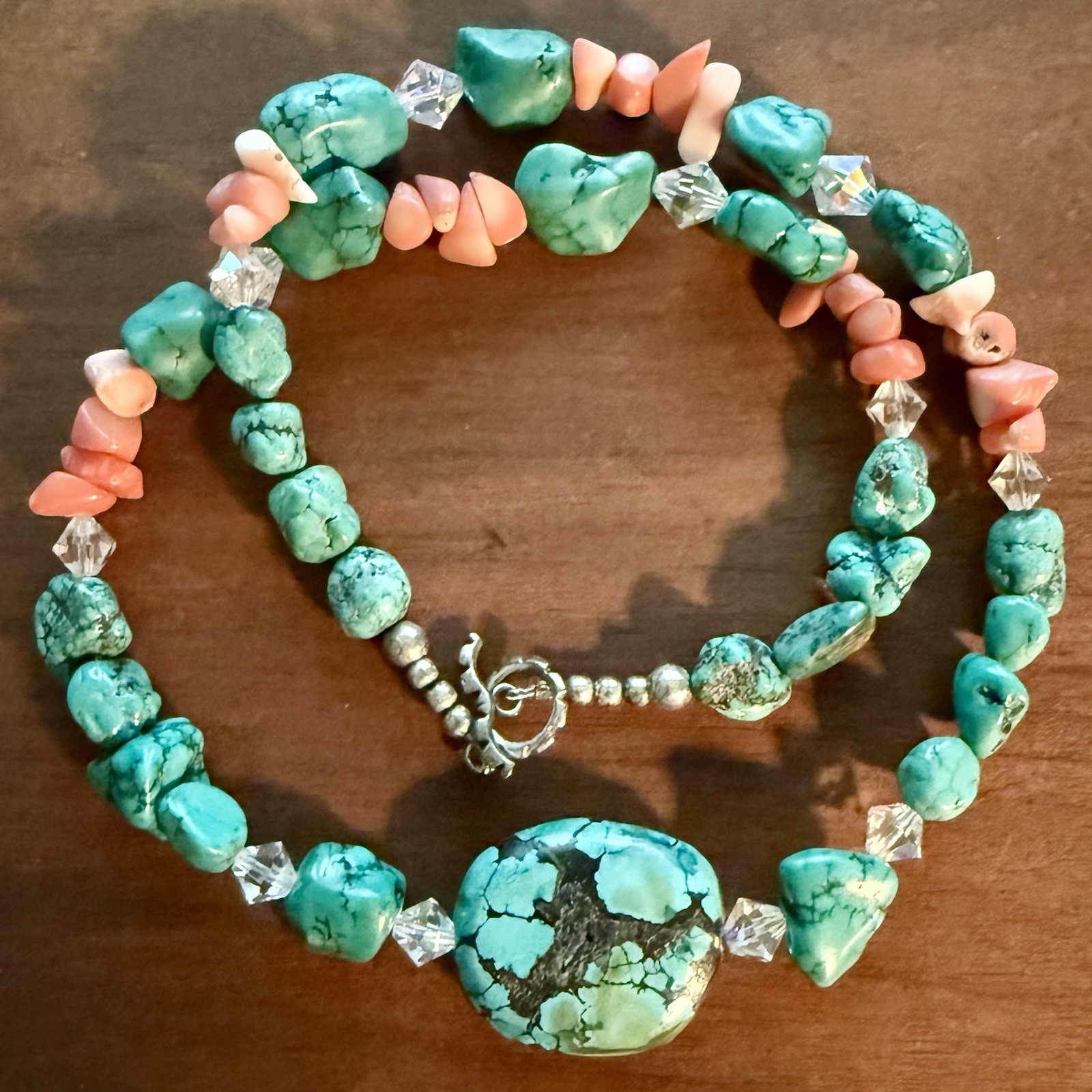Amazing 24 Inch Green/Blue Turquoise and Rose Quartz Necklace Toggle Closure