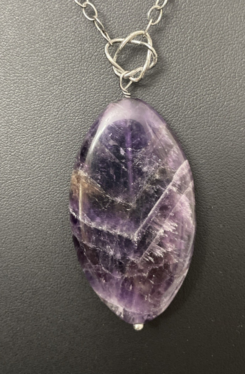 Sterling Silver & Amethyst Necklace Polished Stone Pendant Marked NF 925