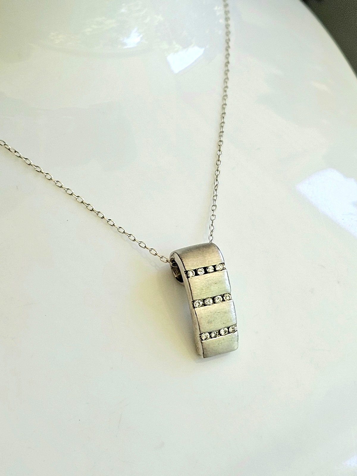 Brushed Sterling Silver White Moissanite Slide Pendant Necklace Journey Bar EUC