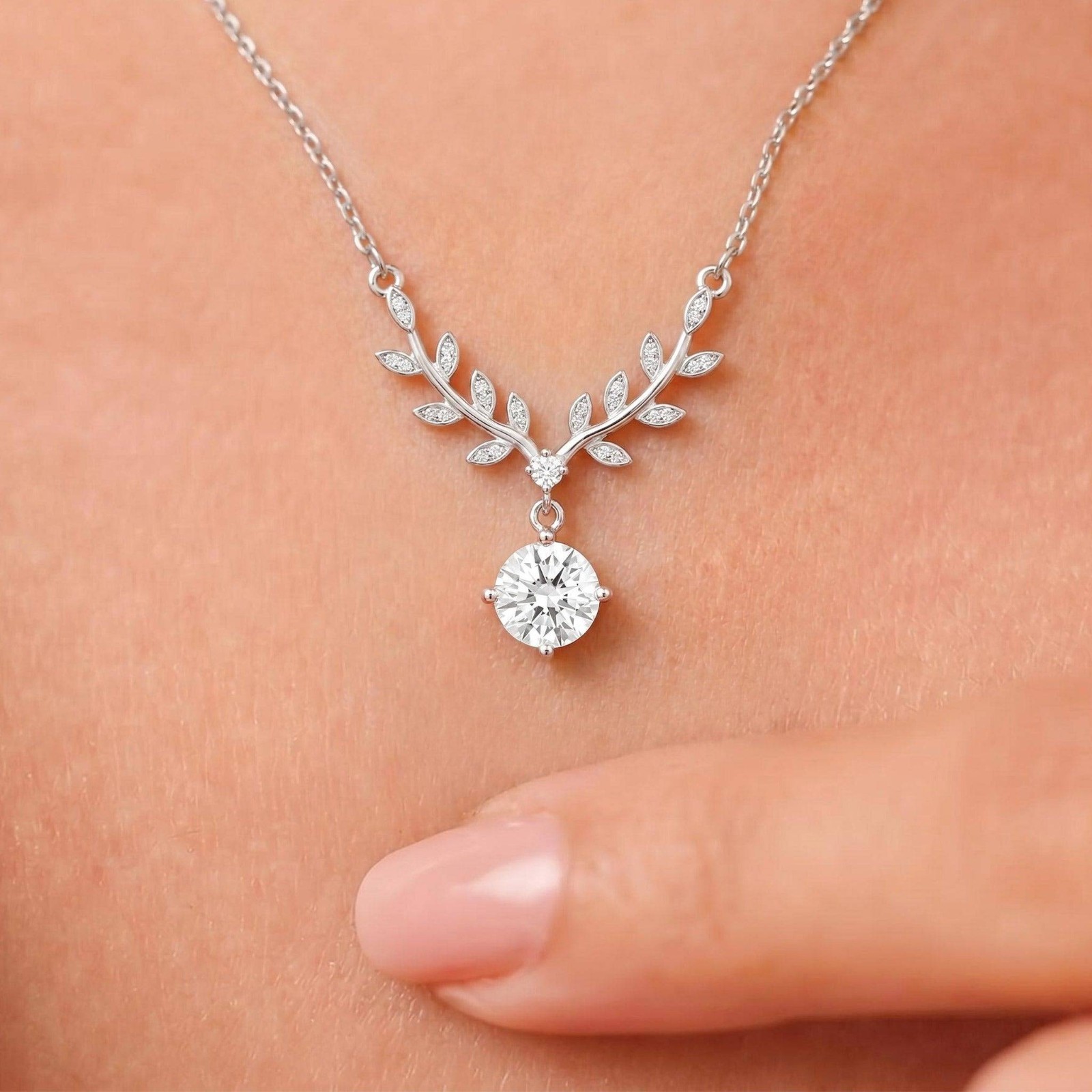 925 Sterling Silver 14K White Gold Plated Bridal Leaf Vine Solitaire Necklace