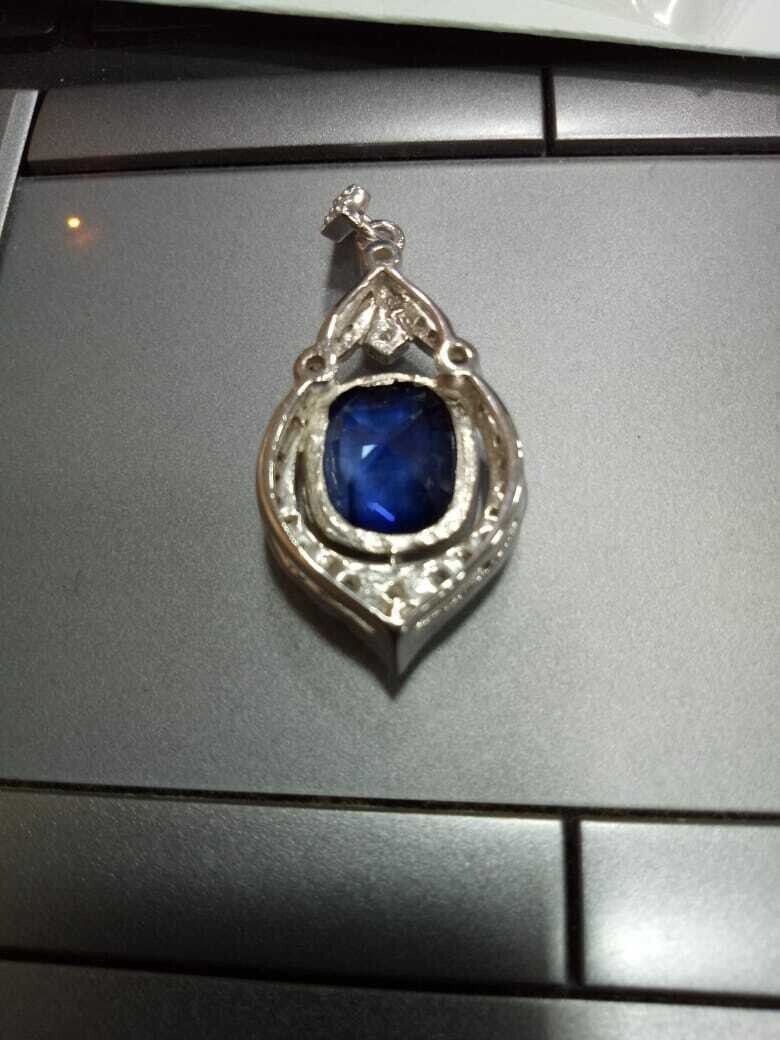 4Ct Cushion Cut Sapphire & Diamond Pendant 14K White Gold Over