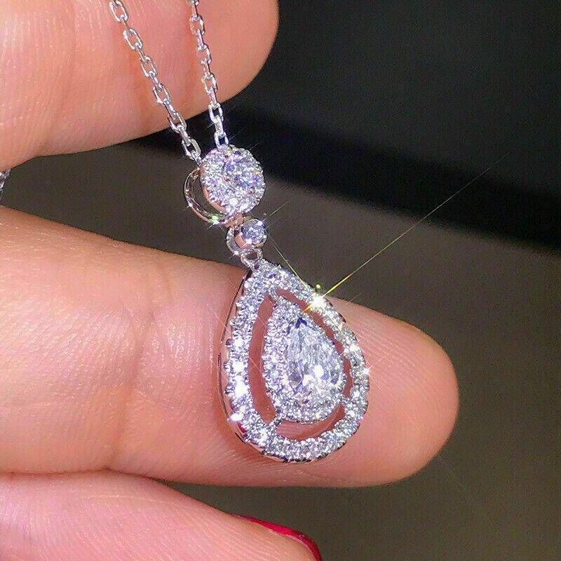 3 Ct Round Cut D/VVS1 Diamond Drop Shape Pendant 14K White Gold Over