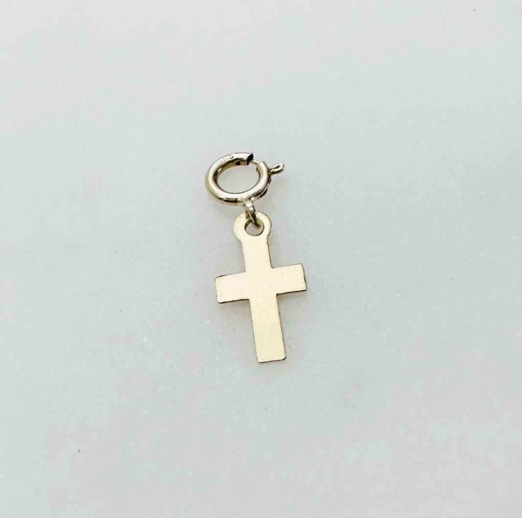 14K Solid Yellow Gold 10mm Mini Petite Cross Charm Pendant w/Spring Clasp