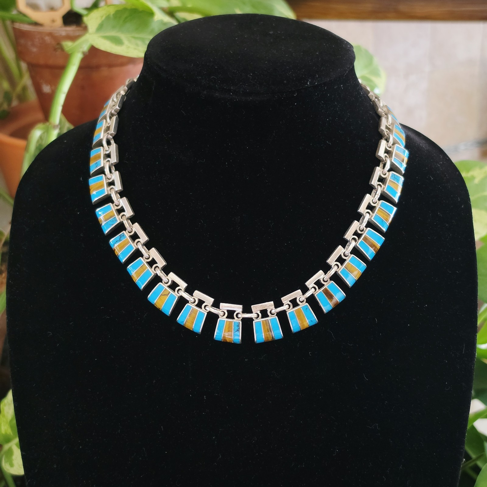 VINTAGE TAXCO MEXICO SILVER .950 SIGNED ESCORCIA NECKLACE TURQUOISE TIGER EYE