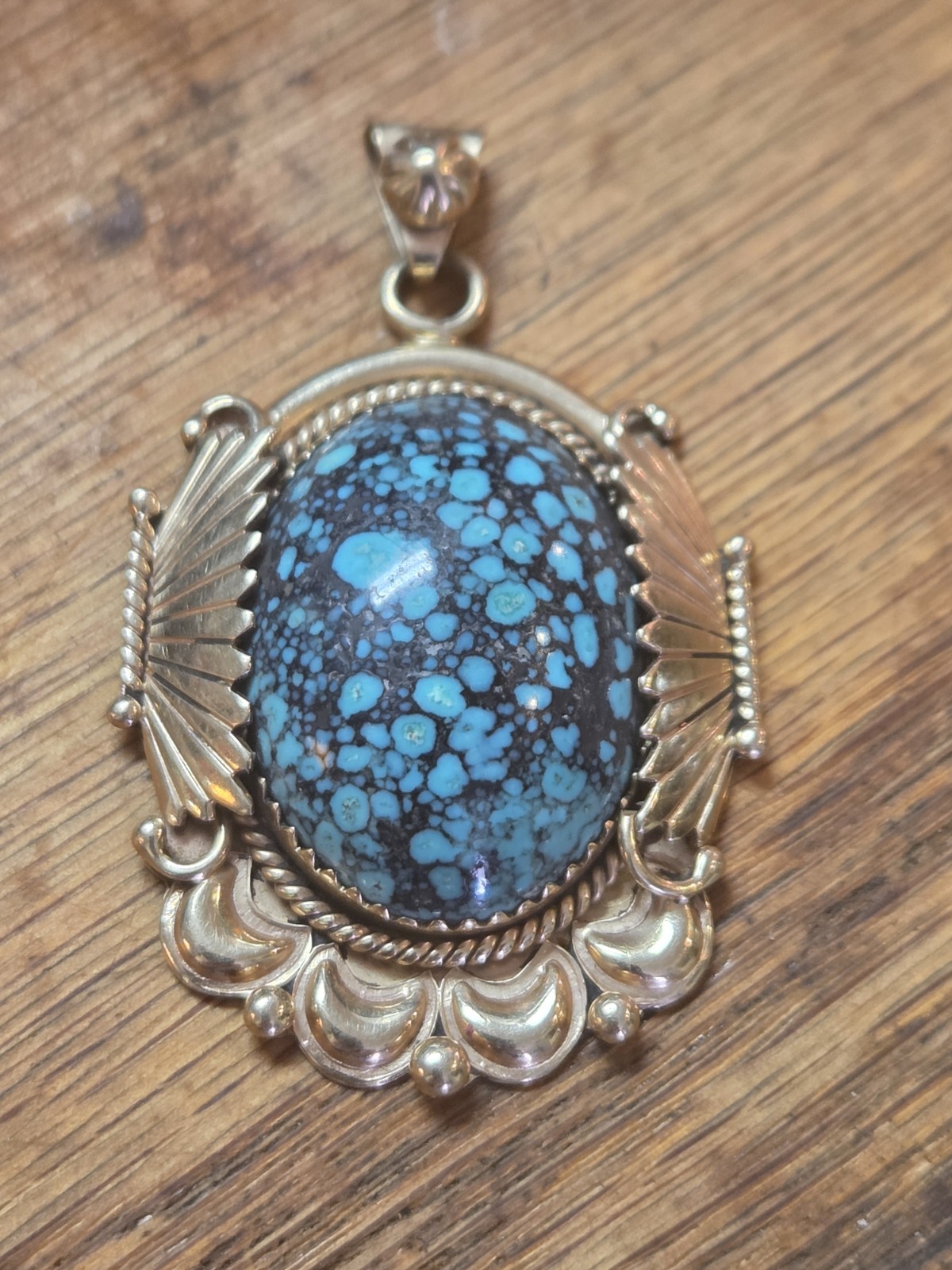 Navajo Native American Mike Begay 14k Yellow Gold Turquoise Necklace Pendant 12g