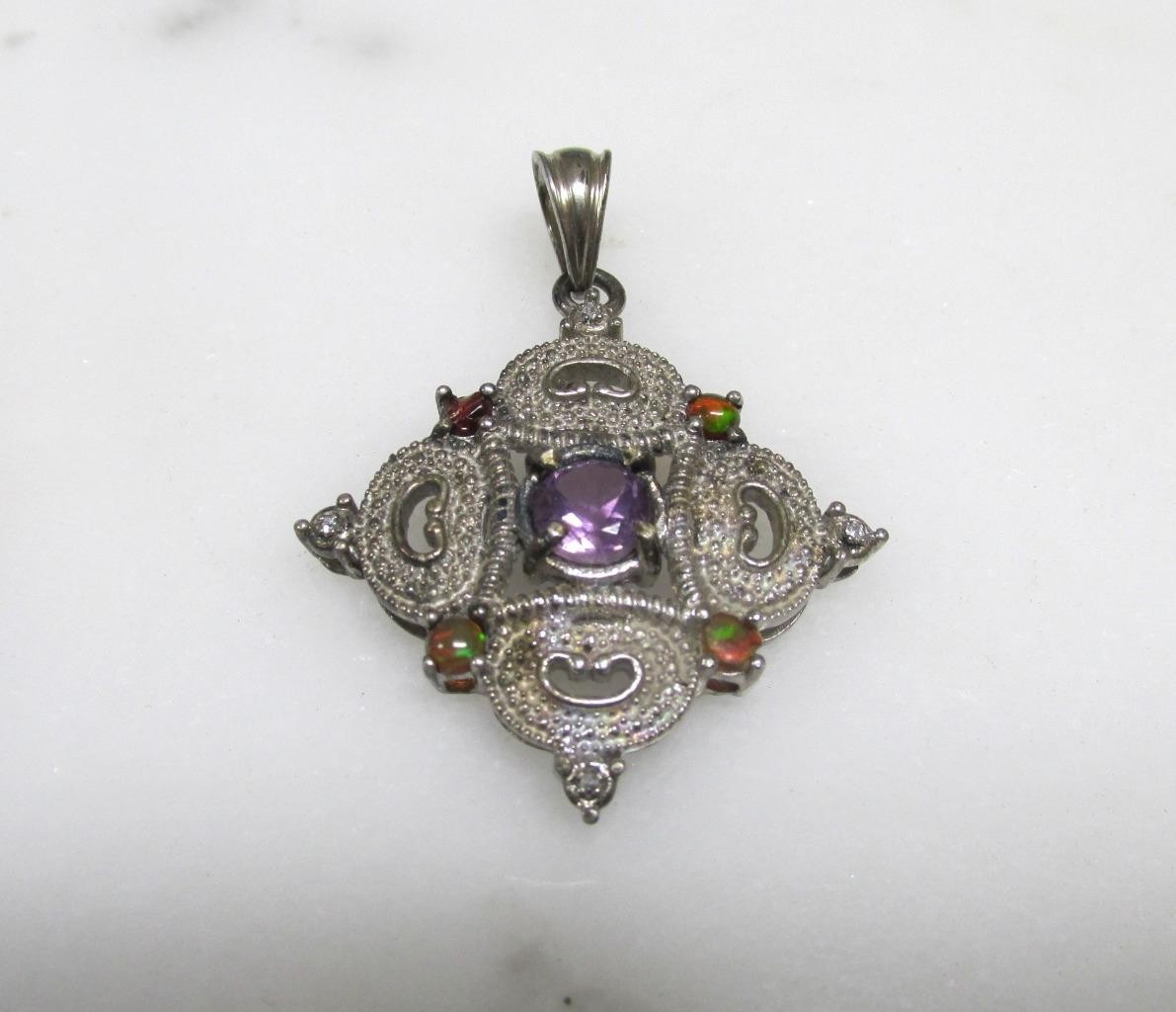 Unknown Stones Sterling Silver Dangle Pendant; India ~ 7grams ~ 11-A609