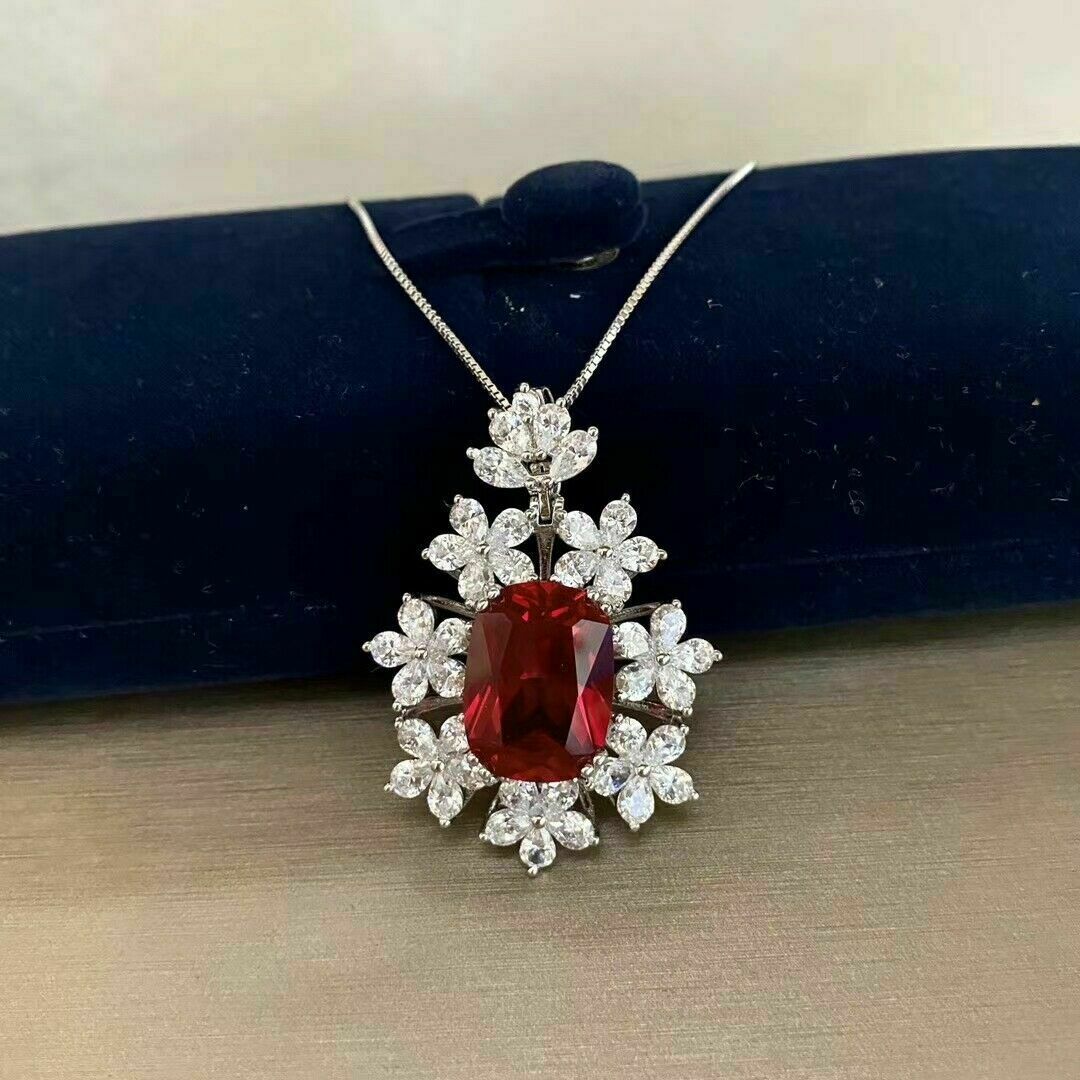 4Ct Cushion Cut Ruby Diamond Halo Pendant 14k White Gold Over 18″Free Chain