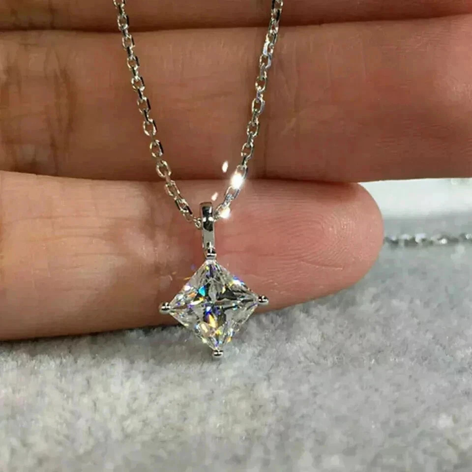 2Ct Princess-Cut Moissanite Solitaire Pendant Necklace 14K White Gold Plated