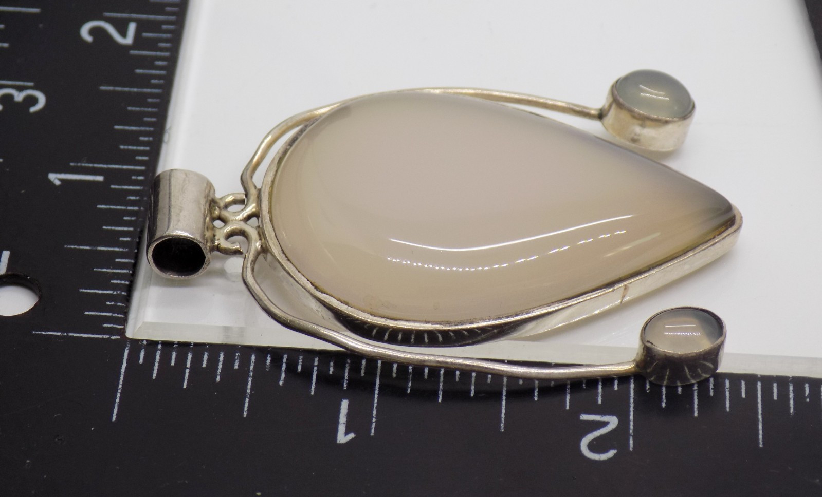Large SOLID Sterling Silver 925 Opaque Moonstone? Chalcedony? Pendant