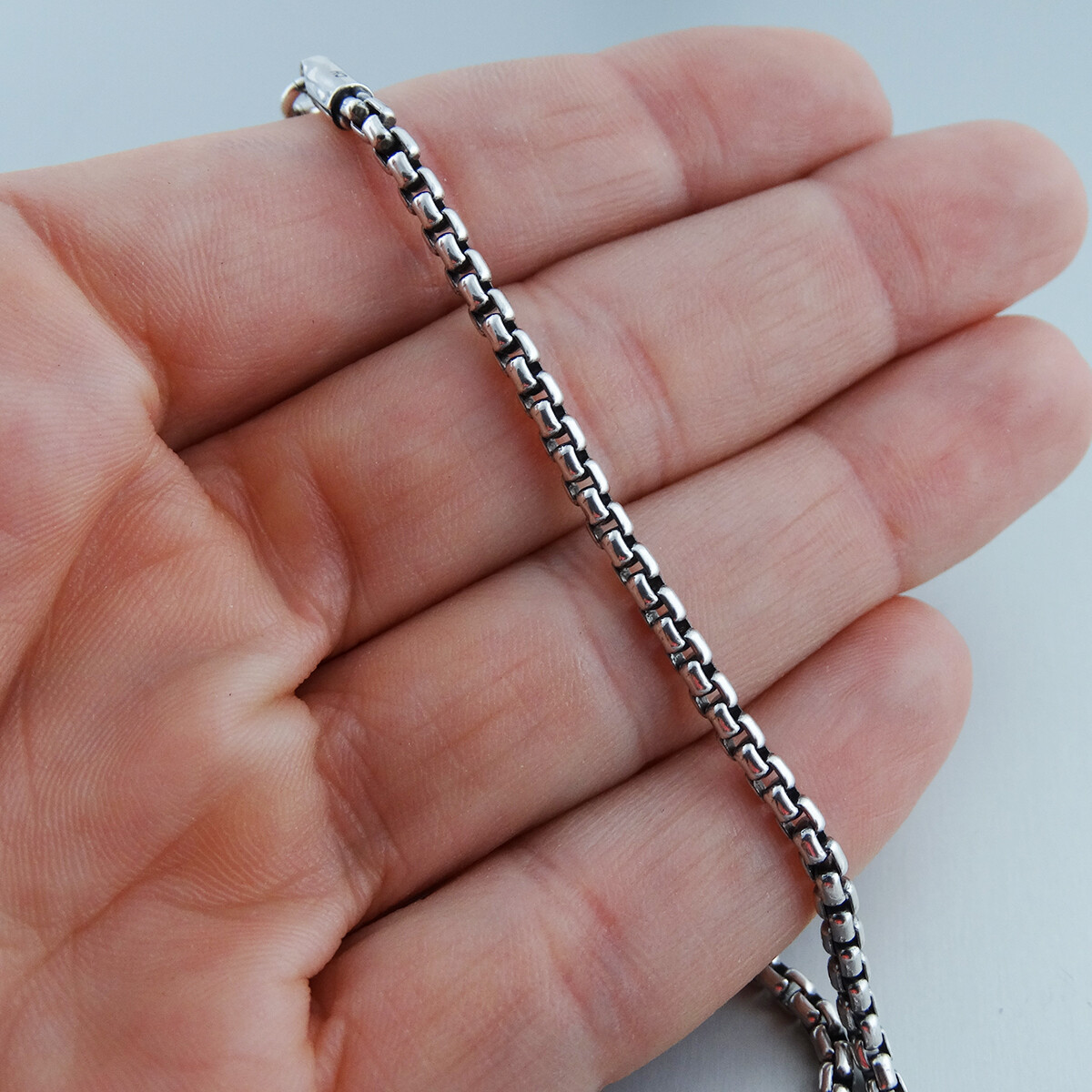 2.5mm Oxidized Round Box Chain – 925 Sterling Silver – Antiqued Blackened Mens
