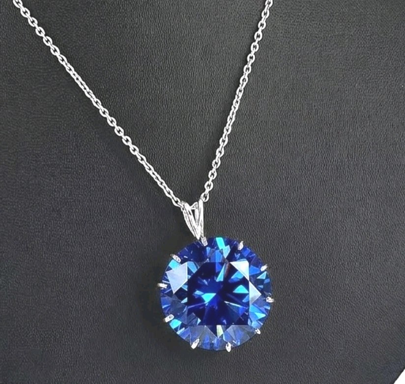 925 Silver, Azure Blue Diamond Solitaire Pendant, Rare 17 Ct Certified Treated