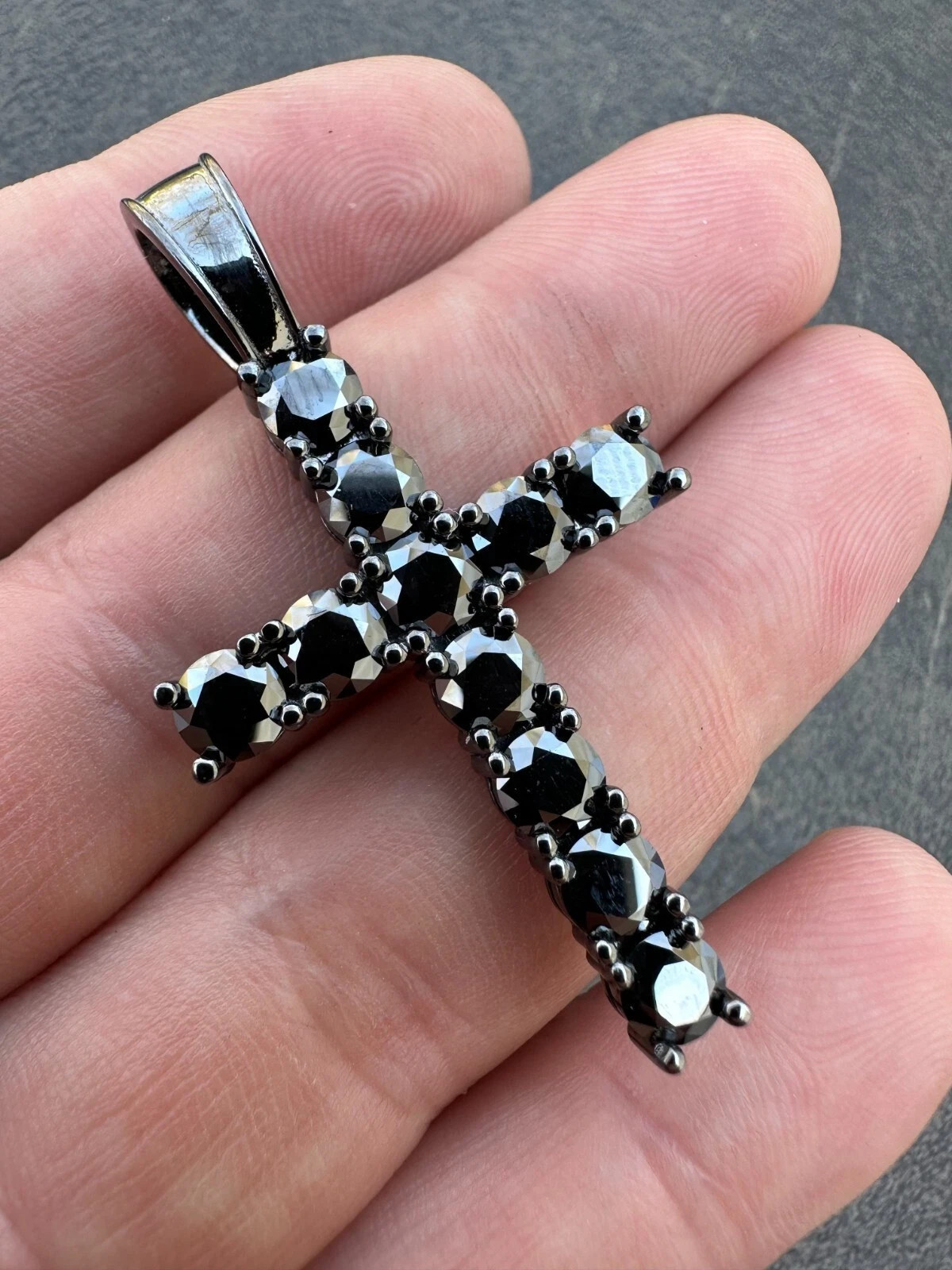 Round Treated Black Diamond Real Oxidized Rhodium 925 Silver Cross Pendant