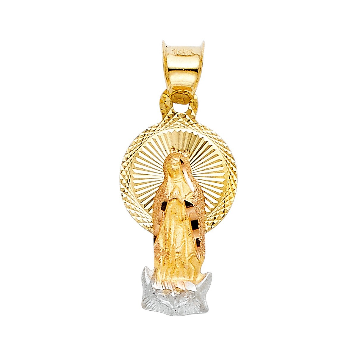 14K Tri Color Gold Diamond Cut Guadlupe Stamp Religious Pendant