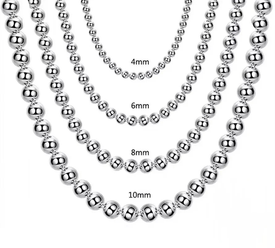 925 Sterling Silver Smooth Beads Ball Chain Necklace 4MM/6MM/8MM/10MM Jewelry
