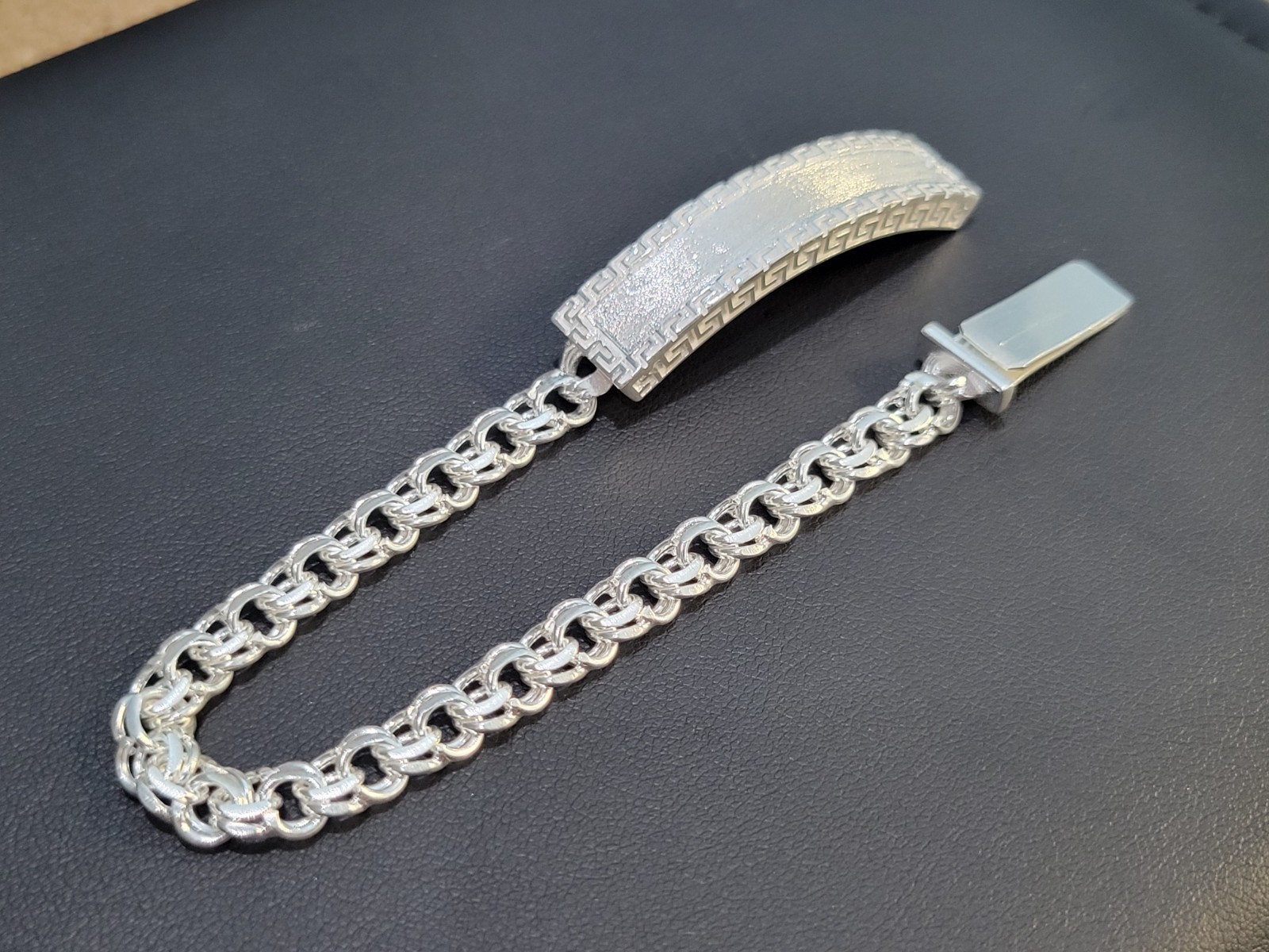 925 sterling silver Chino Link Greek Key Long Lock Bracelet 21g 7″ 6mm