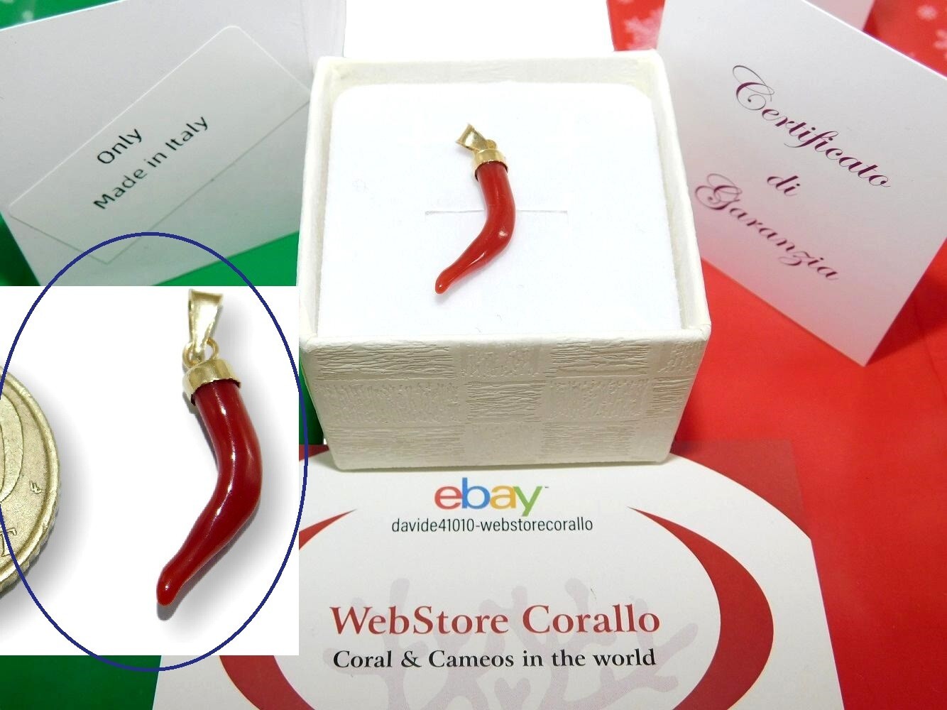 Pendant of Italy in Gold 18k 750 and Red Coral HorN gemstone cornicello Italian
