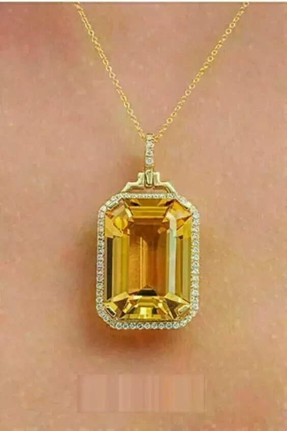 3.50Ct Emerald Cut Citrine & Diamond Halo Women’s Pendant 14K Yellow Gold Finish