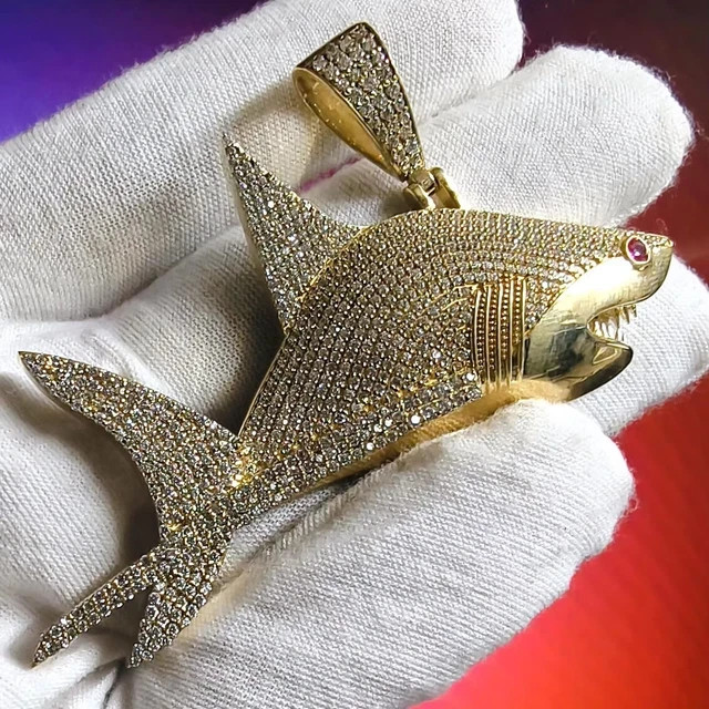 3.50Ct Round Cut Moissanite Shark Gift for Him Pendant 14K Yellow Gold Plated