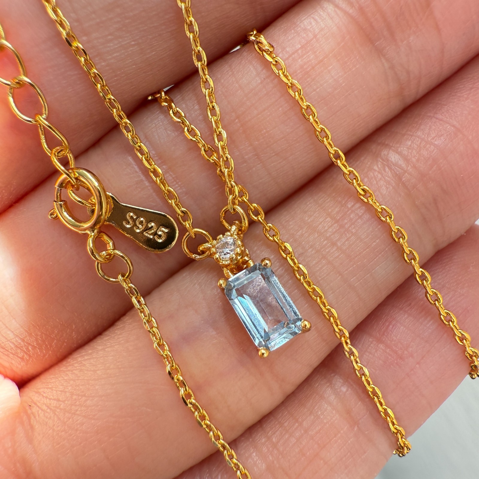 925 Sterling Silver Necklace 6x4mm Natural Blue Aquamarine 14K Gold Plated Chain