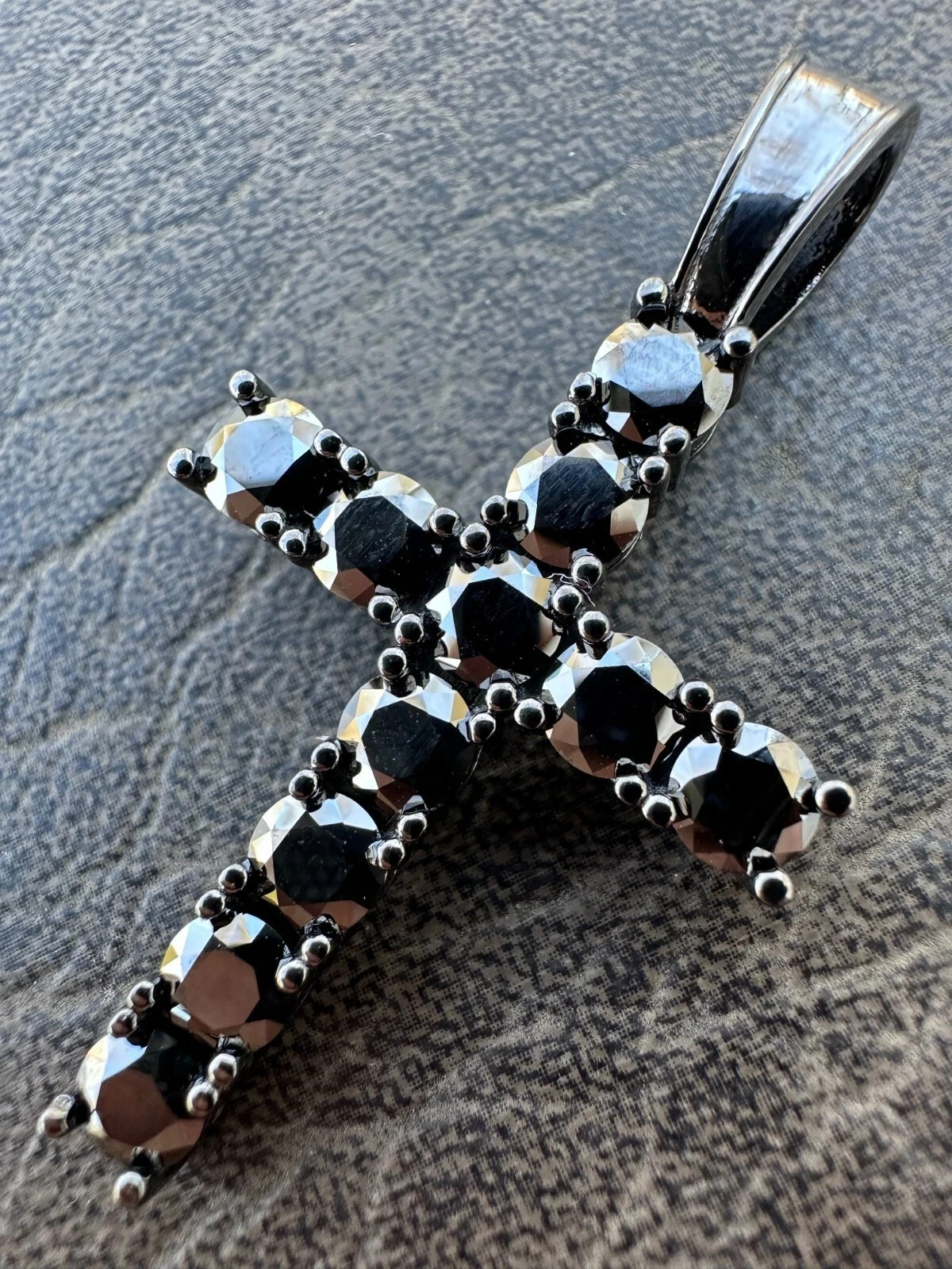 Round Treated Black Diamond Real Oxidized Rhodium 925 Silver Cross Pendant
