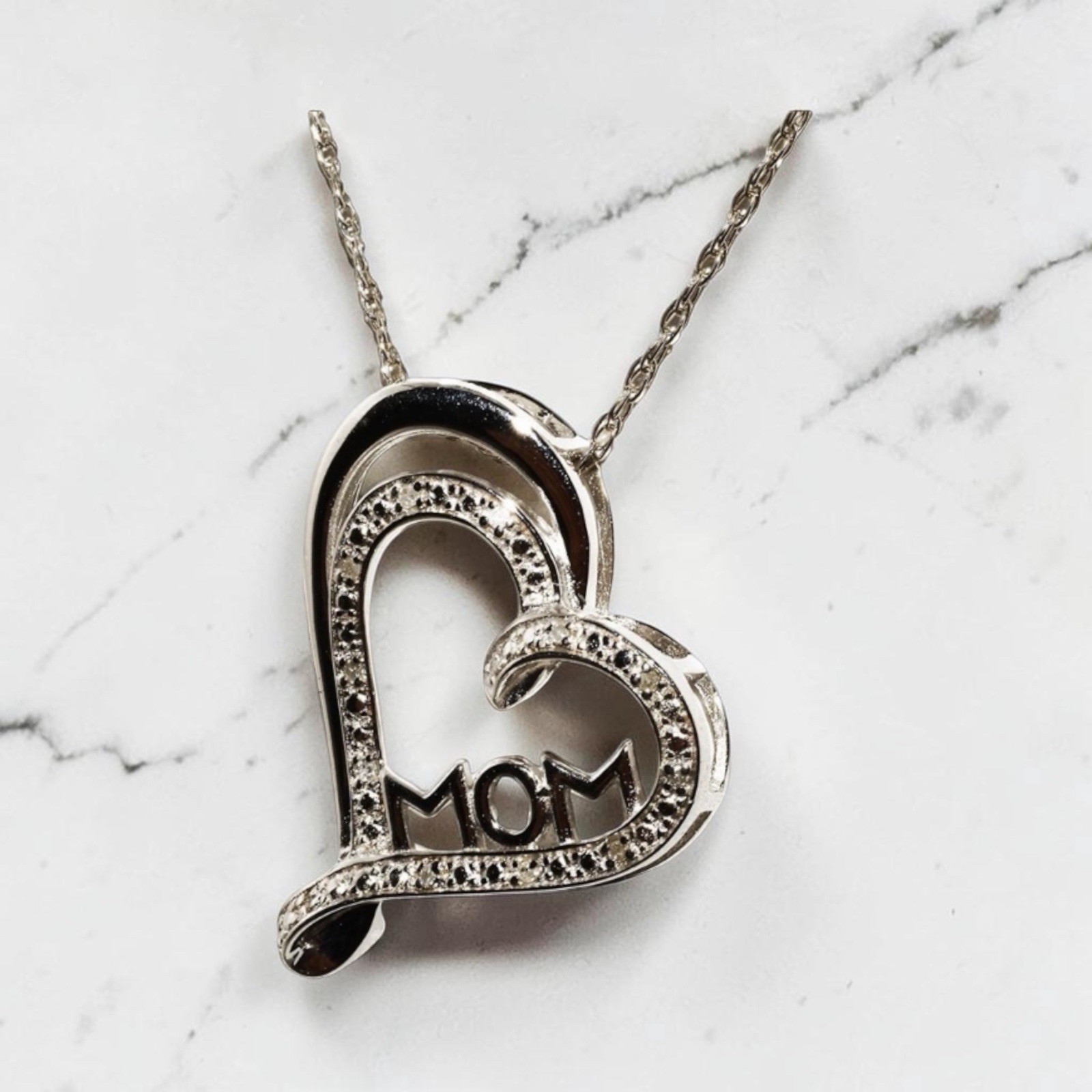 Sterling Silver Natural Diamond MOM Open Heart Slide Necklace 18in 0.07ctw NWT