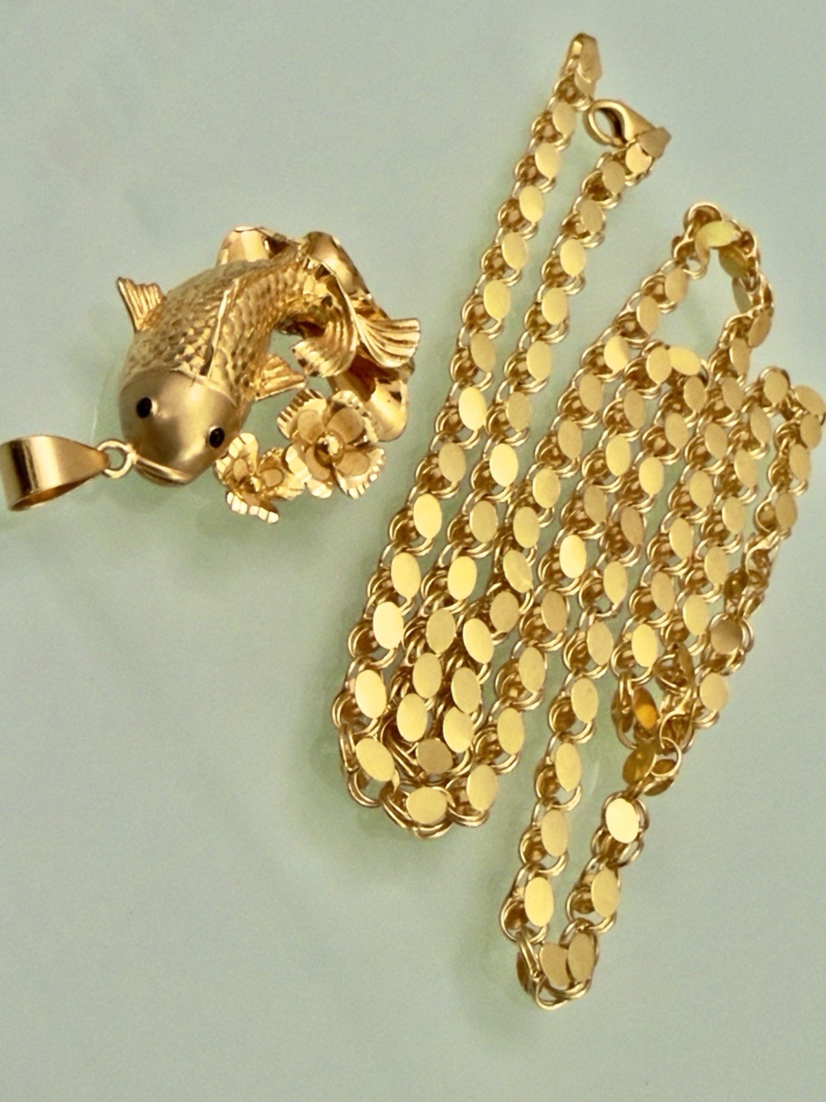 Solid 18k Damascus Yellow Gold Chain 20” Japan Koi Fish Necklace Men Women