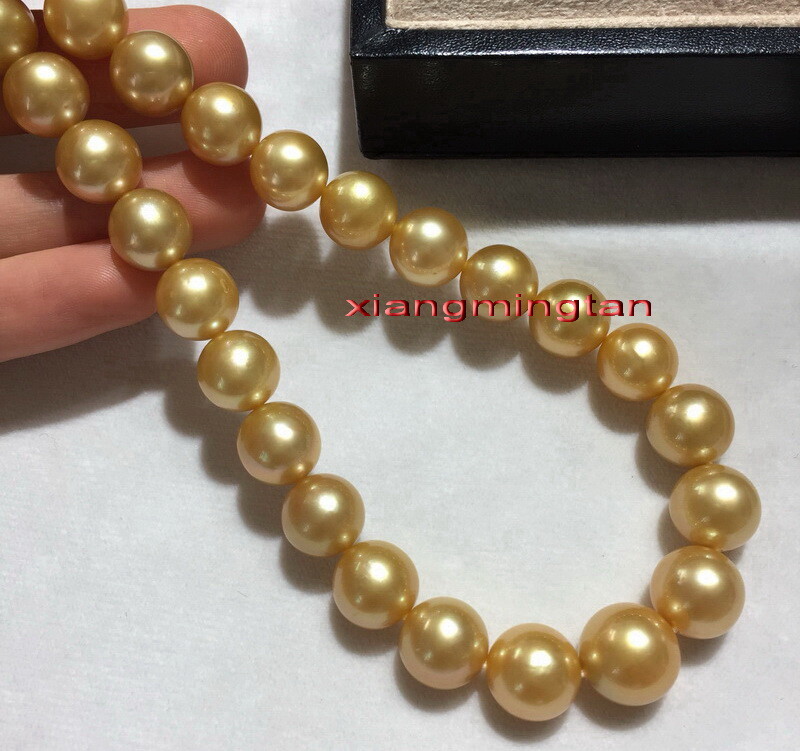 AAAAA 18″11-12mm NATURAL REAL South sea deep golden pearl necklace 14K gold