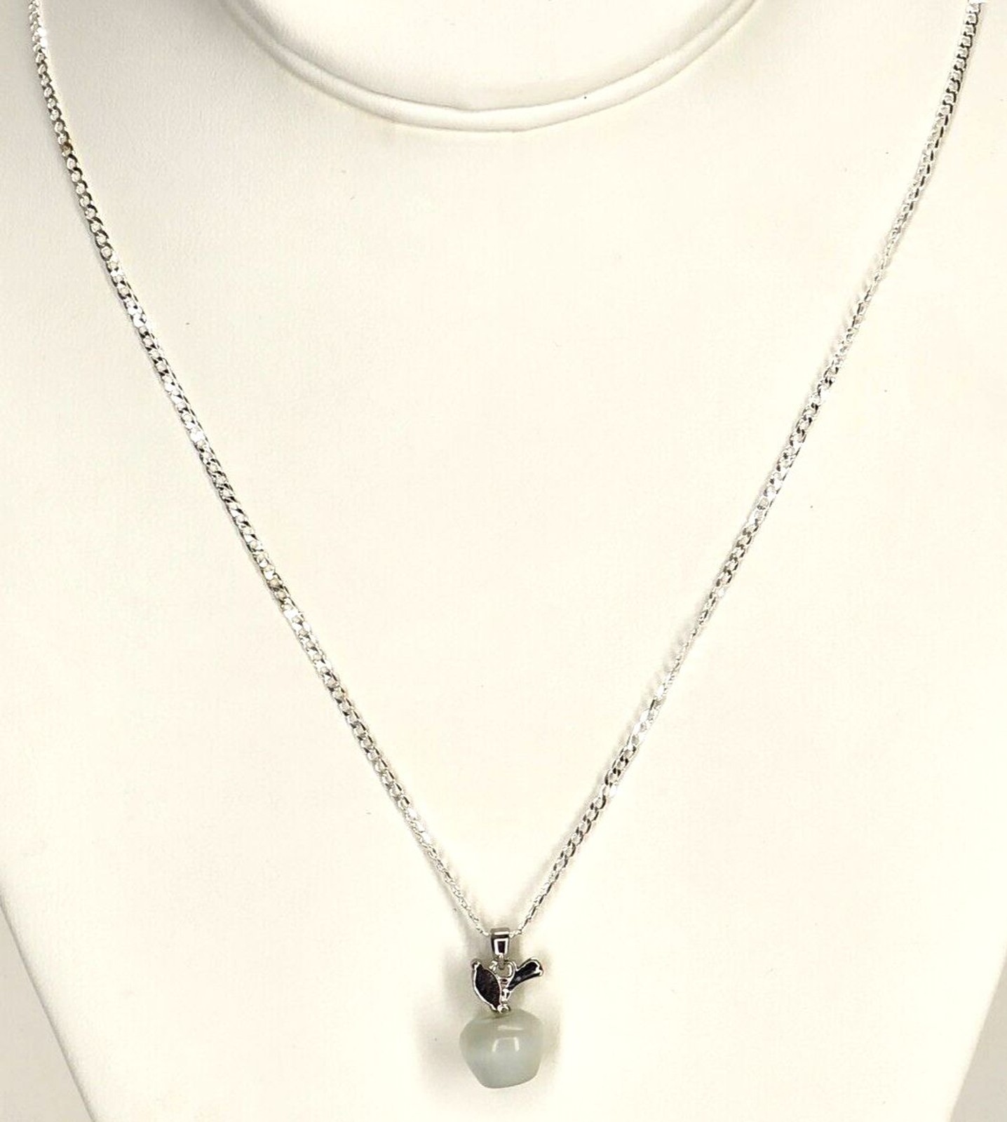White Apple Pendant Necklace Cat Eye Stone, 18K White Gold Plated on Silver