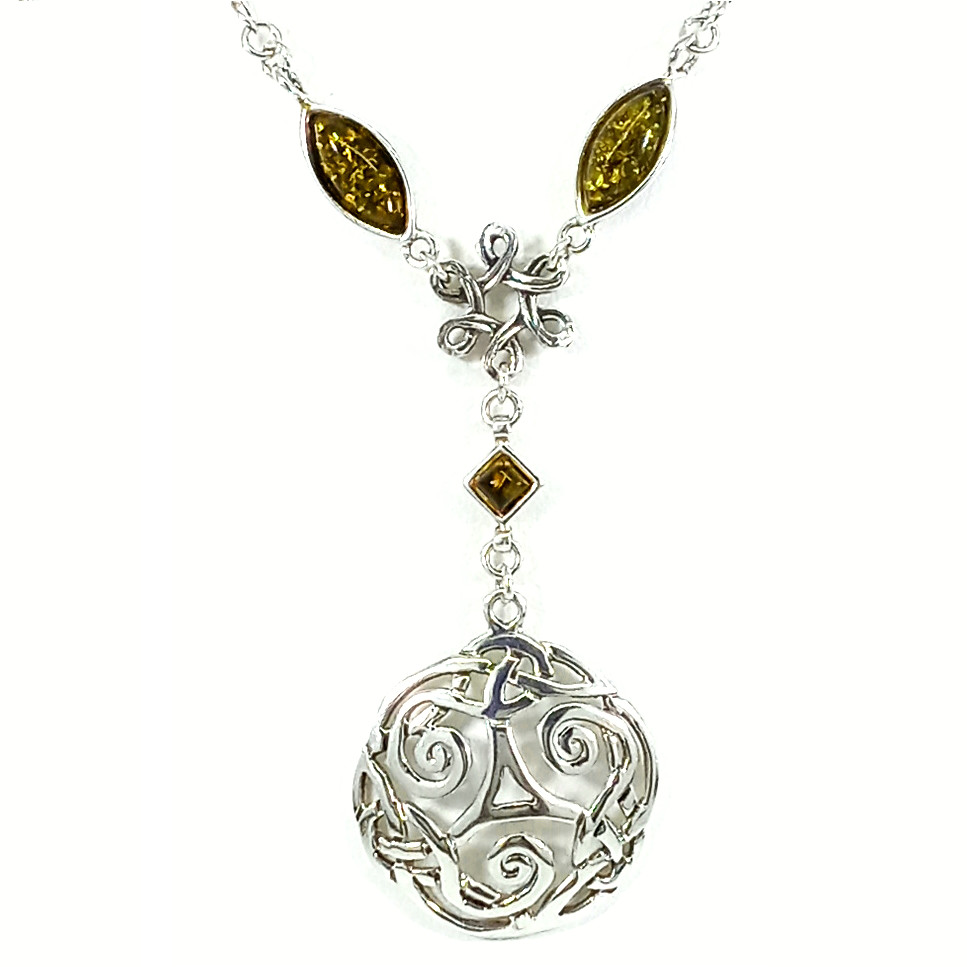 Vintage 925 Sterling Silver Green Baltic Amber Elven Woodland Celtic Necklace