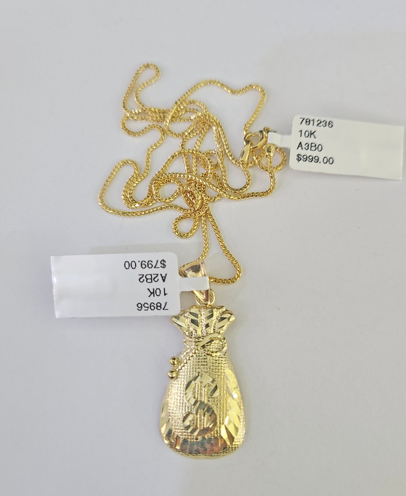 10K Solid Franco Chain Money Bag Pendant Dollar Charm Necklace 18″-24″ 1.5mm