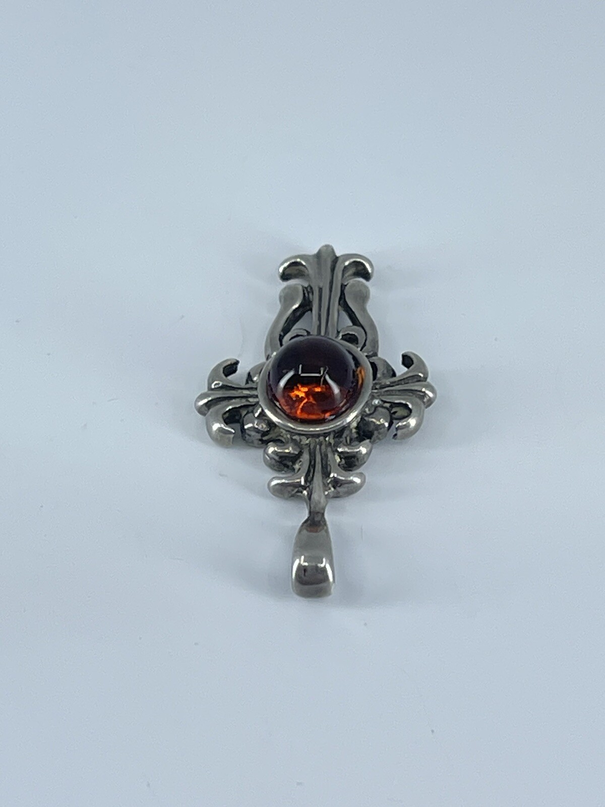 Sterling Silver Cross Pendant small orange cabochon filigree design 1-1/8″