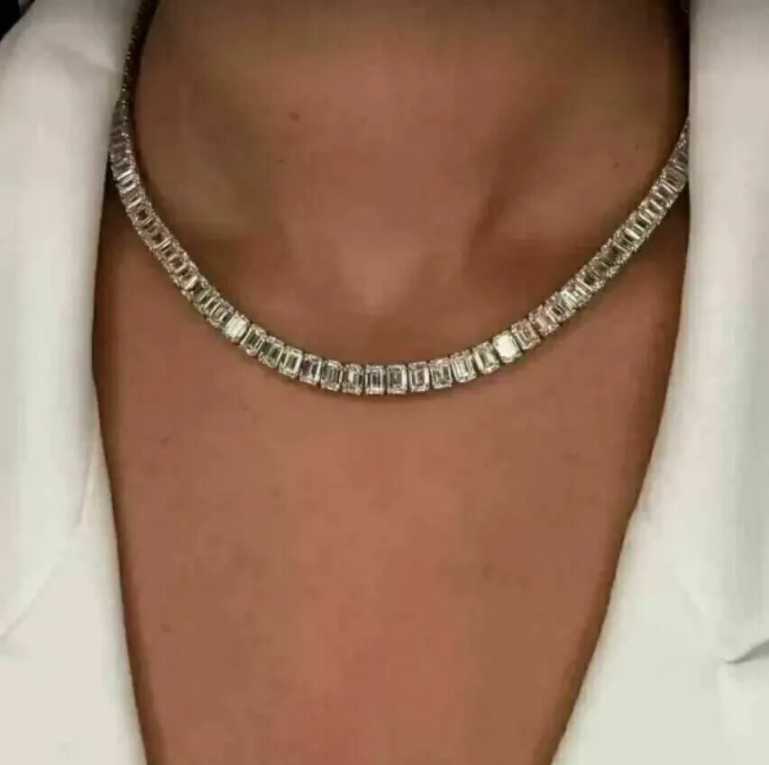 22Ct Emerald Cut Lab Created Diamond Tennis Women Necklace 14k White Gold Finish