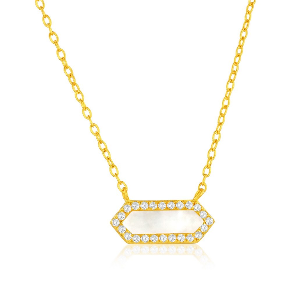 Sterling Silver Genuine Hexagon MOP CZ Border Necklace Gold Plated
