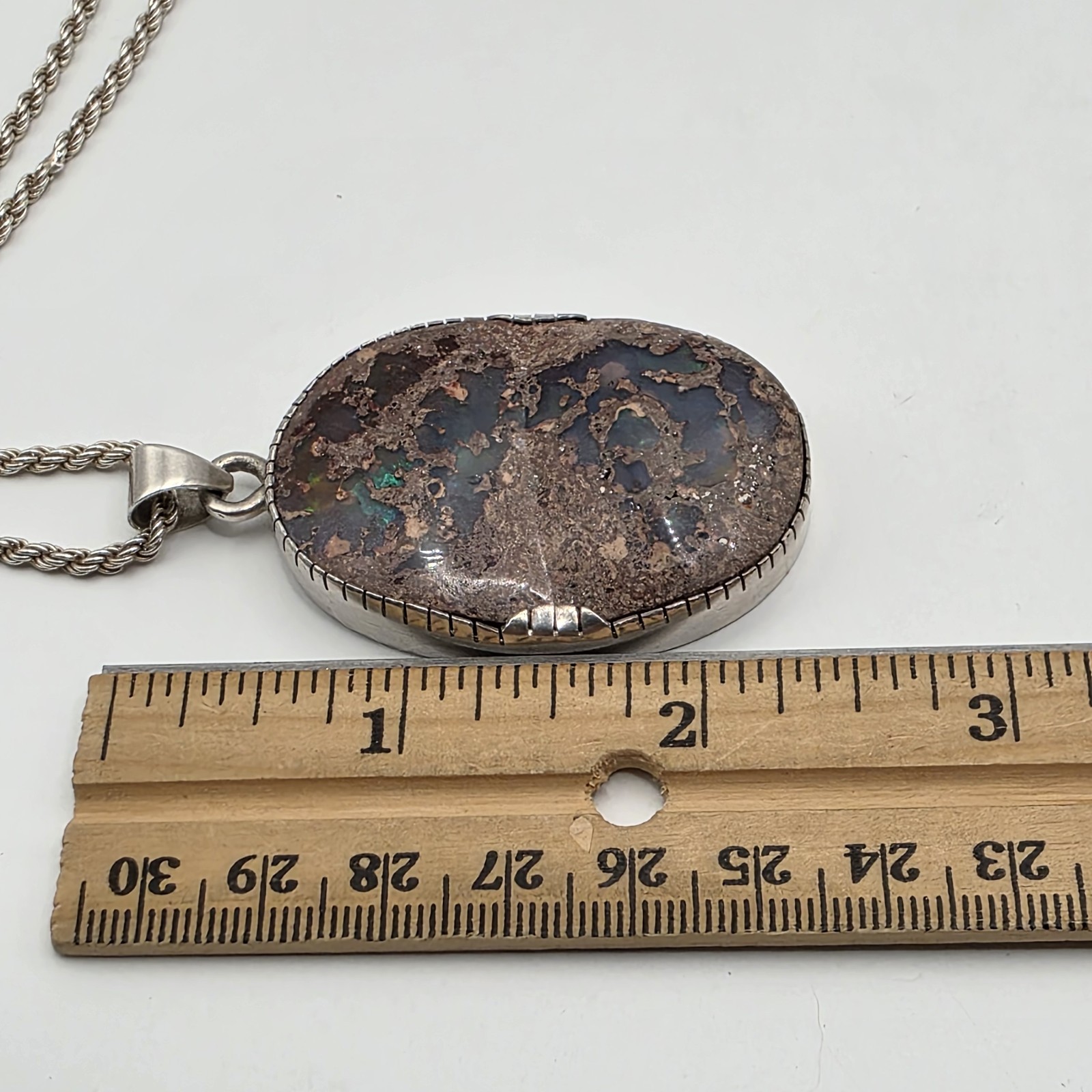 Vtg Natural Australian Boulder Opal Sterling Silver Pendant Necklace 30″ 42.5g