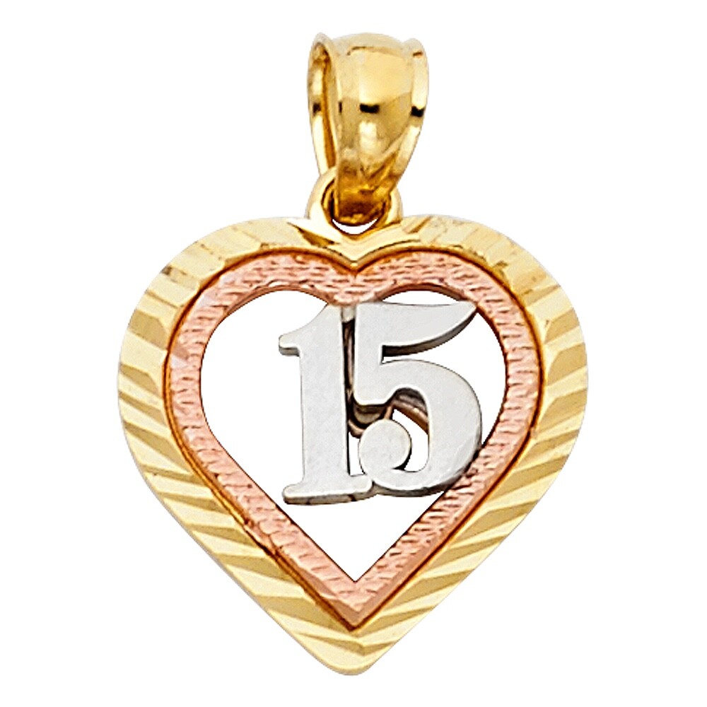 14K Solid Gold Quinceañera Heart Pendant, Small 14K 3C Gold Sweet 15 Charm-PT369